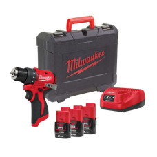 Дриль-шуруповерт акумуляторний безщітковий MILWAUKEE, M12 BLDDRC-203C, 40Нм (зарядний пристрій С12, 3 акумулятори М12 В2 2Аг, кл