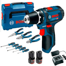 Акумуляторний дриль-шурупокрут Bosch GSR 12V-15 Professional, 2 акб GBA 12V 2.0Ah, з/п GAL 12V-20 і набір інструментів у кейсі