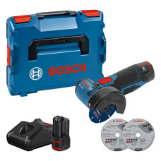 Акумуляторна кутова шліфмашина Bosch GWS 12V-76 Professional, 2 акб GBA 12V 3.0Ah, з/п GAL 12V-40, 3 відрізних круга в L-Boxx 102
